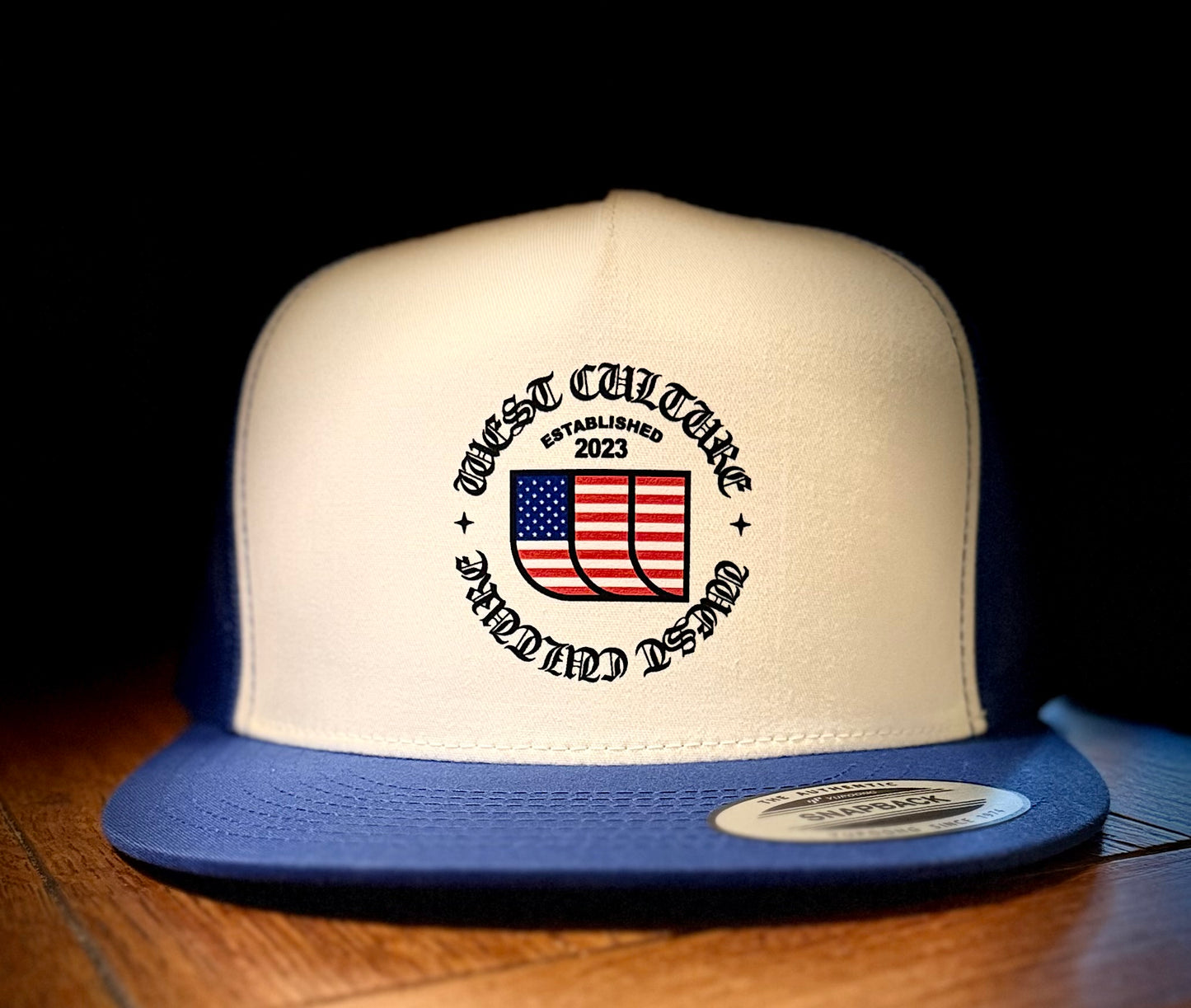 White/Blue Old English USA